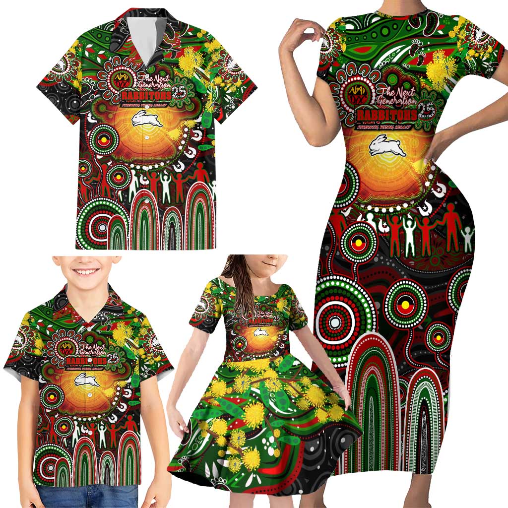 Personalised NAIDOC Week 2025 Rabbitohs Rugby Family Matching Short Sleeve Bodycon Dress and Hawaiian Shirt Aboriginal Dot Painting