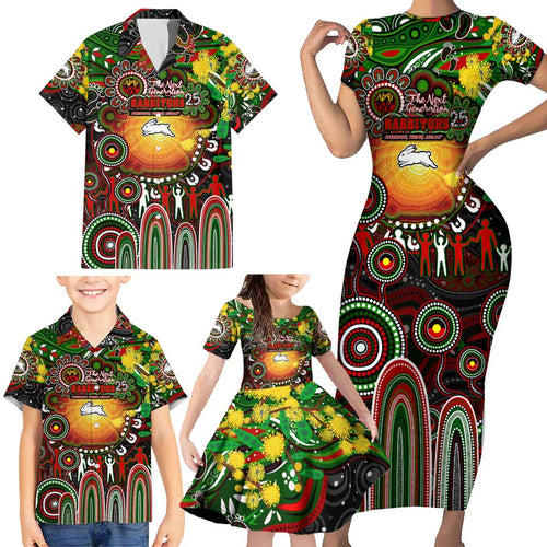 Personalised NAIDOC Week 2025 Rabbitohs Rugby Family Matching Short Sleeve Bodycon Dress and Hawaiian Shirt Aboriginal Dot Painting