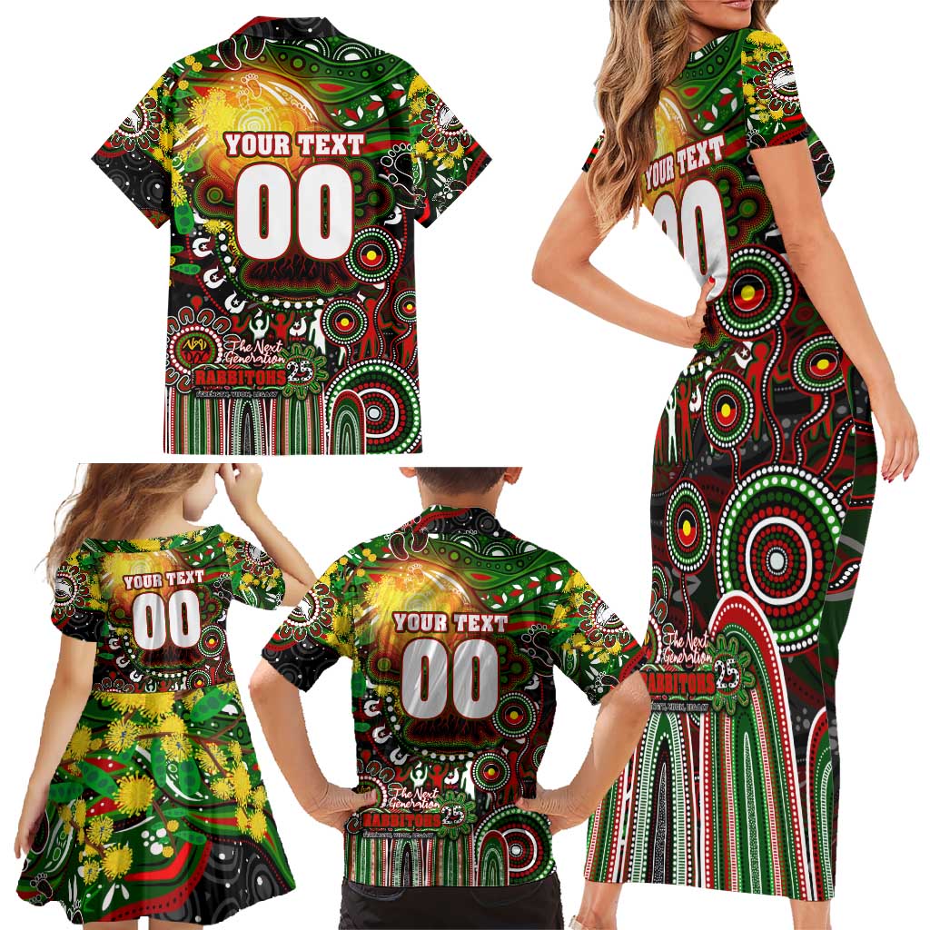 Personalised NAIDOC Week 2025 Rabbitohs Rugby Family Matching Short Sleeve Bodycon Dress and Hawaiian Shirt Aboriginal Dot Painting