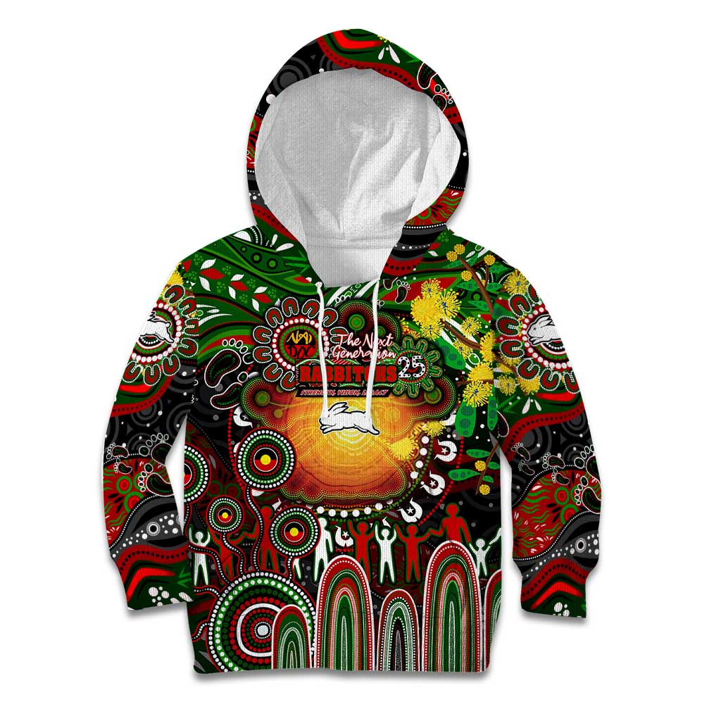Personalised NAIDOC Week 2025 Rabbitohs Rugby Kid Hoodie Aboriginal Dot Painting