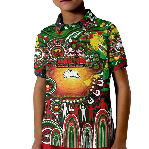 Personalised NAIDOC Week 2025 Rabbitohs Rugby Kid Polo Shirt Aboriginal Dot Painting