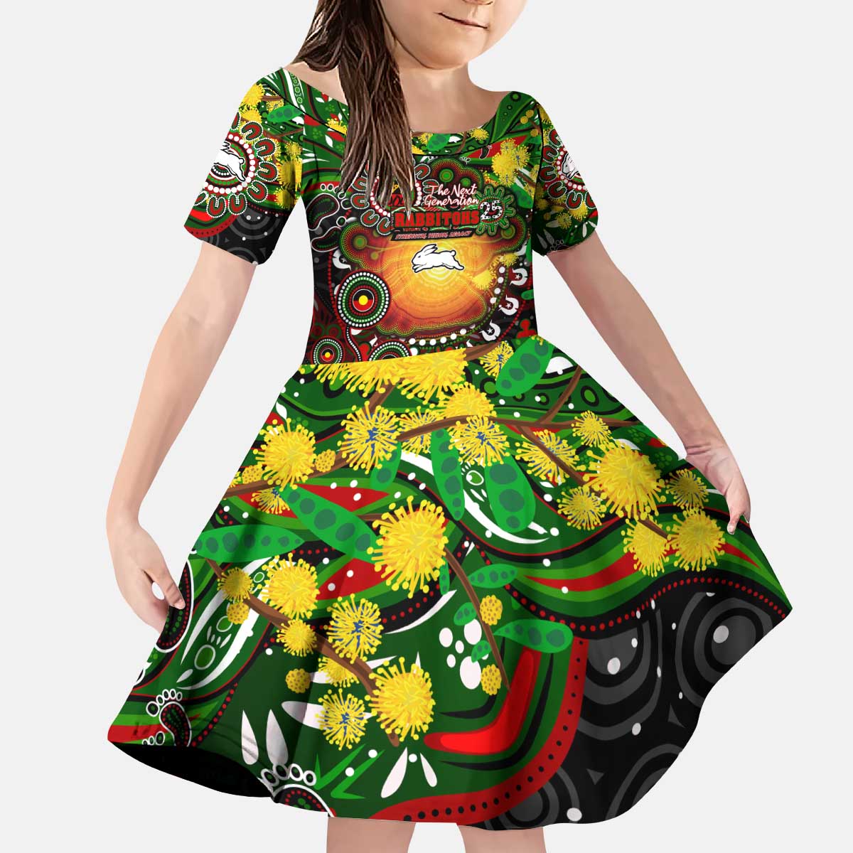 Personalised NAIDOC Week 2025 Rabbitohs Rugby Kid Short Sleeve Dress Aboriginal Dot Painting