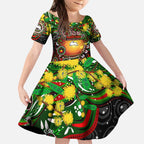 Personalised NAIDOC Week 2025 Rabbitohs Rugby Kid Short Sleeve Dress Aboriginal Dot Painting