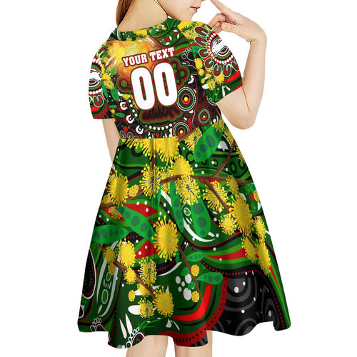 Personalised NAIDOC Week 2025 Rabbitohs Rugby Kid Short Sleeve Dress Aboriginal Dot Painting