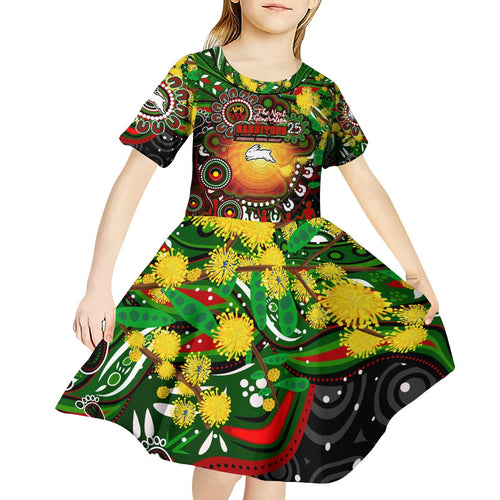 Personalised NAIDOC Week 2025 Rabbitohs Rugby Kid Short Sleeve Dress Aboriginal Dot Painting