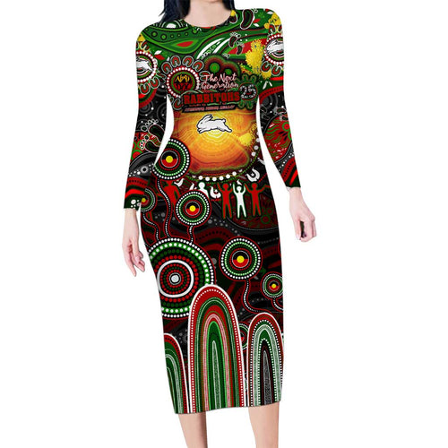 Personalised NAIDOC Week 2025 Rabbitohs Rugby Long Sleeve Bodycon Dress Aboriginal Dot Painting
