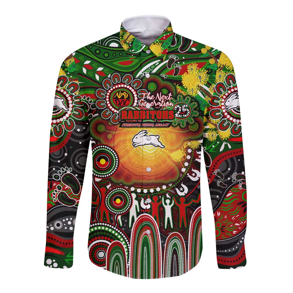 Personalised NAIDOC Week 2025 Rabbitohs Rugby Long Sleeve Button Shirt Aboriginal Dot Painting
