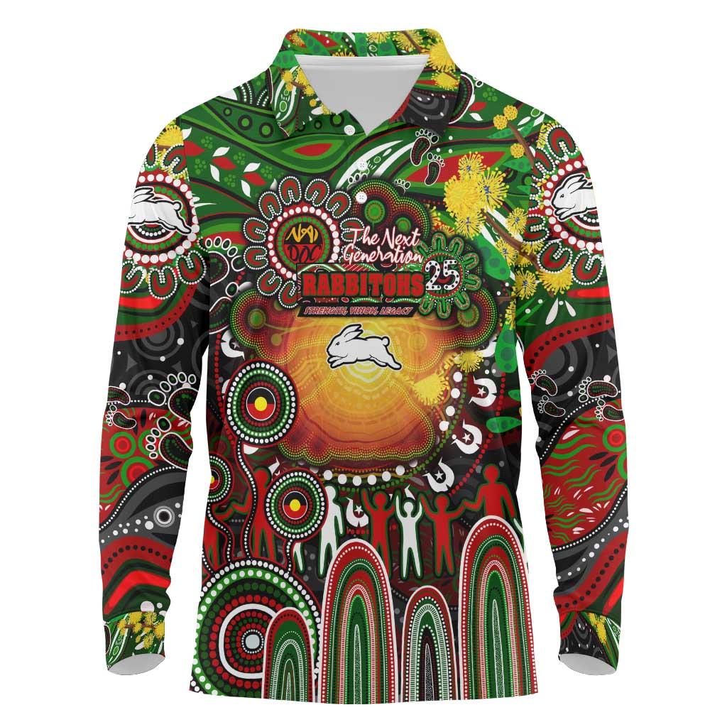 Personalised NAIDOC Week 2025 Rabbitohs Rugby Long Sleeve Polo Shirt Aboriginal Dot Painting
