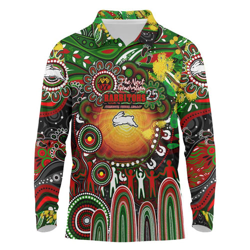 Personalised NAIDOC Week 2025 Rabbitohs Rugby Long Sleeve Polo Shirt Aboriginal Dot Painting