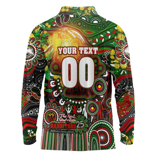 Personalised NAIDOC Week 2025 Rabbitohs Rugby Long Sleeve Polo Shirt Aboriginal Dot Painting