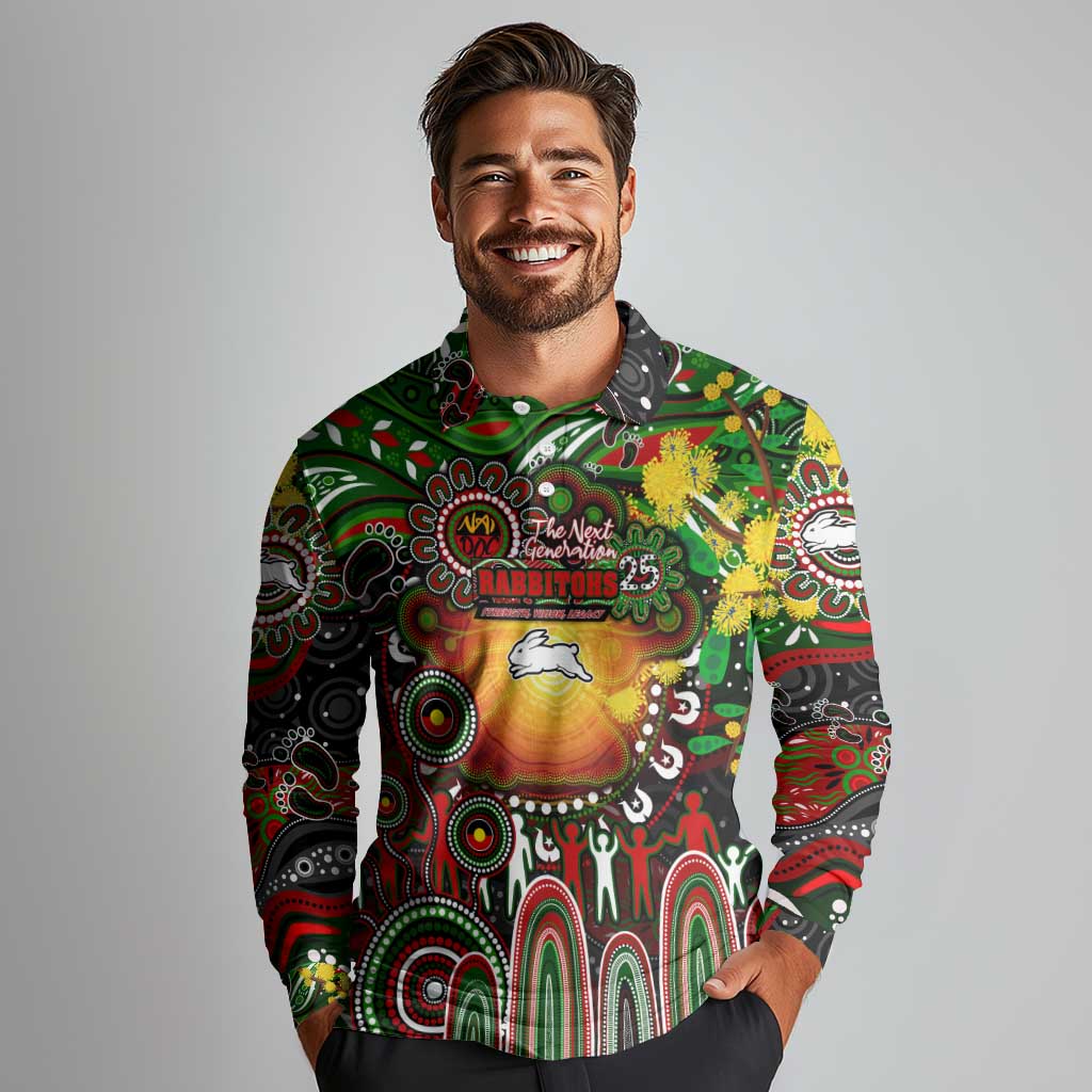 Personalised NAIDOC Week 2025 Rabbitohs Rugby Long Sleeve Polo Shirt Aboriginal Dot Painting