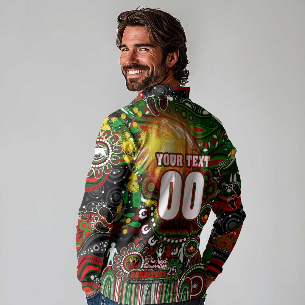 Personalised NAIDOC Week 2025 Rabbitohs Rugby Long Sleeve Polo Shirt Aboriginal Dot Painting
