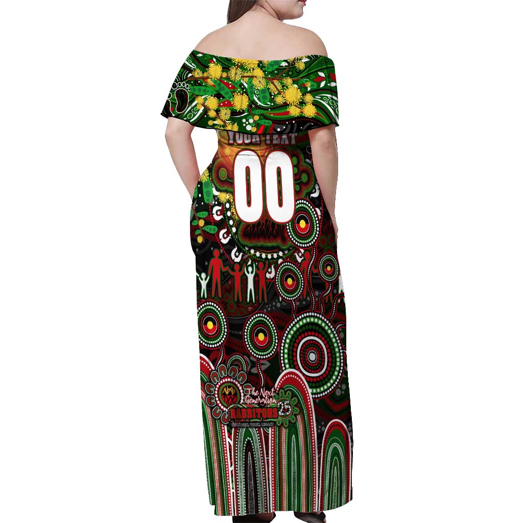 Personalised NAIDOC Week 2025 Rabbitohs Rugby Off Shoulder Maxi Dress Aboriginal Dot Painting