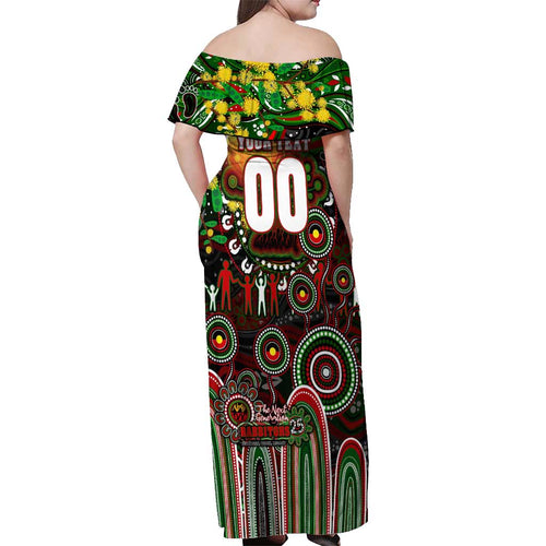 Personalised NAIDOC Week 2025 Rabbitohs Rugby Off Shoulder Maxi Dress Aboriginal Dot Painting