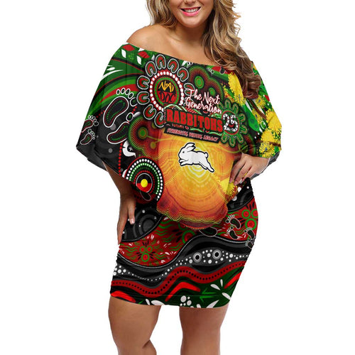 Personalised NAIDOC Week 2025 Rabbitohs Rugby Off Shoulder Short Dress Aboriginal Dot Painting