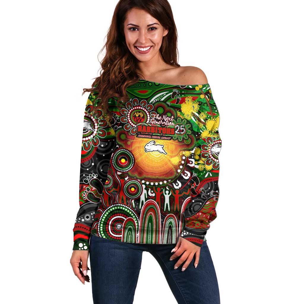 Personalised NAIDOC Week 2025 Rabbitohs Rugby Off Shoulder Sweater Aboriginal Dot Painting