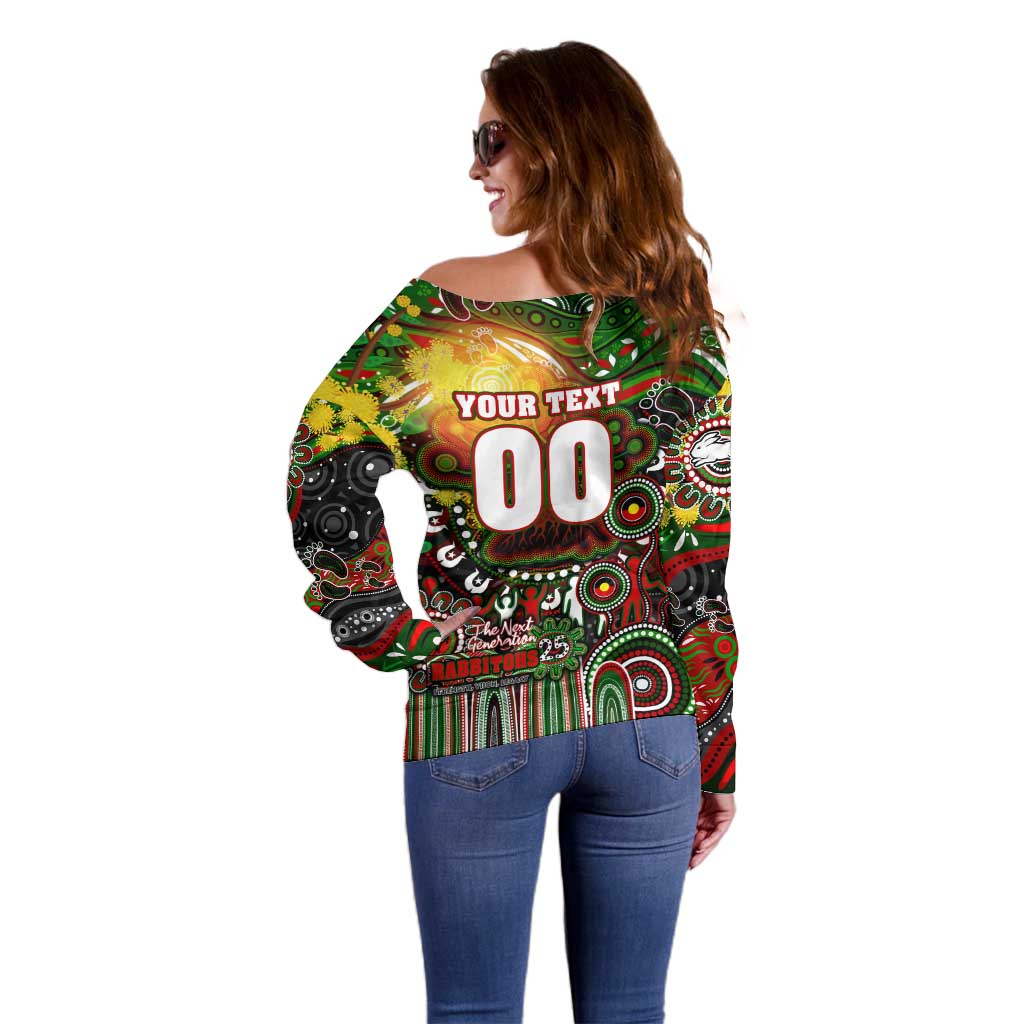 Personalised NAIDOC Week 2025 Rabbitohs Rugby Off Shoulder Sweater Aboriginal Dot Painting