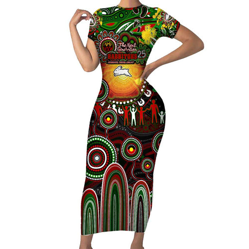 Personalised NAIDOC Week 2025 Rabbitohs Rugby Short Sleeve Bodycon Dress Aboriginal Dot Painting