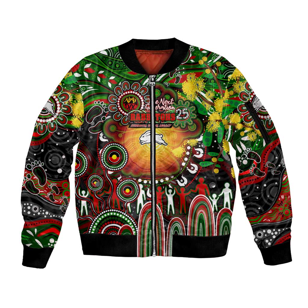 Personalised NAIDOC Week 2025 Rabbitohs Rugby Sleeve Zip Bomber Jacket Aboriginal Dot Painting
