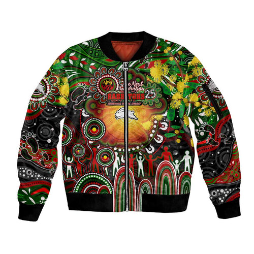 Personalised NAIDOC Week 2025 Rabbitohs Rugby Sleeve Zip Bomber Jacket Aboriginal Dot Painting
