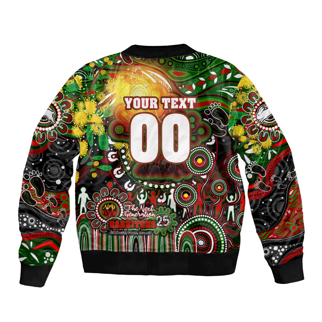 Personalised NAIDOC Week 2025 Rabbitohs Rugby Sleeve Zip Bomber Jacket Aboriginal Dot Painting