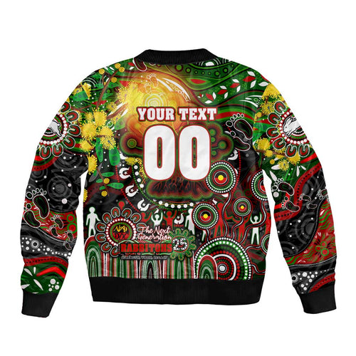 Personalised NAIDOC Week 2025 Rabbitohs Rugby Sleeve Zip Bomber Jacket Aboriginal Dot Painting