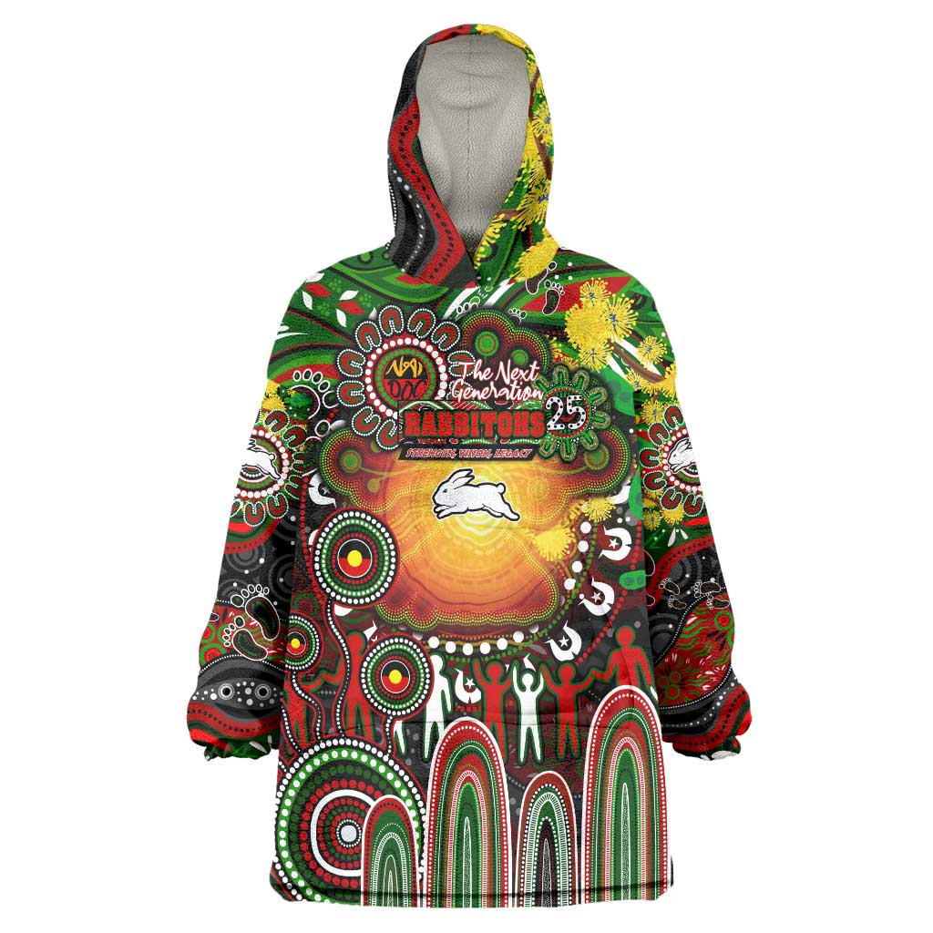 Personalised NAIDOC Week 2025 Rabbitohs Rugby Wearable Blanket Hoodie Aboriginal Dot Painting