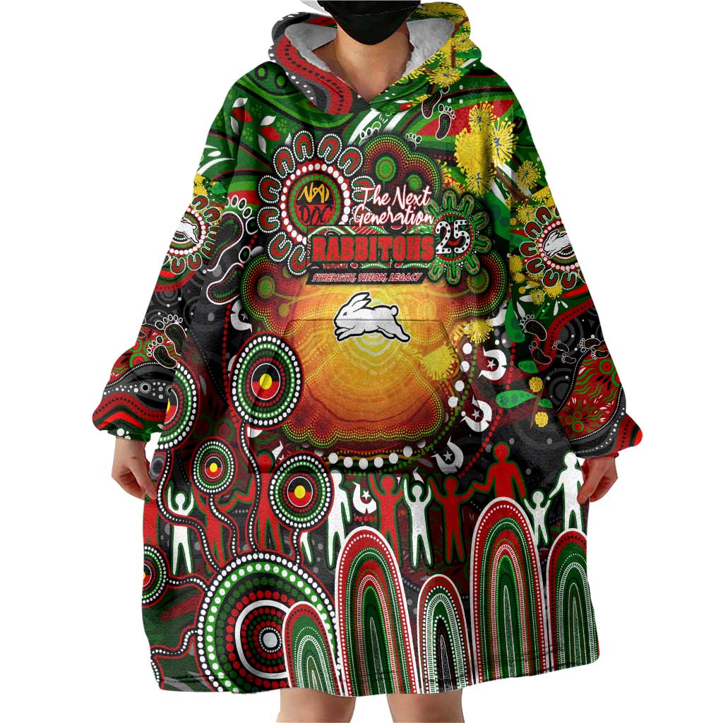 Personalised NAIDOC Week 2025 Rabbitohs Rugby Wearable Blanket Hoodie Aboriginal Dot Painting