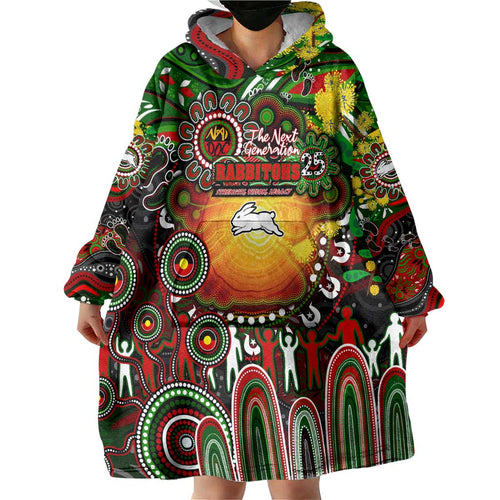 Personalised NAIDOC Week 2025 Rabbitohs Rugby Wearable Blanket Hoodie Aboriginal Dot Painting