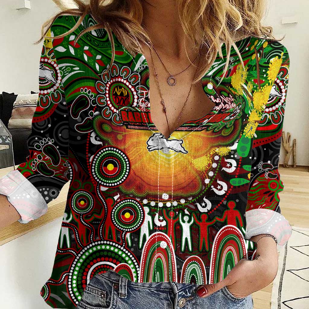 Personalised NAIDOC Week 2025 Rabbitohs Rugby Women Casual Shirt Aboriginal Dot Painting