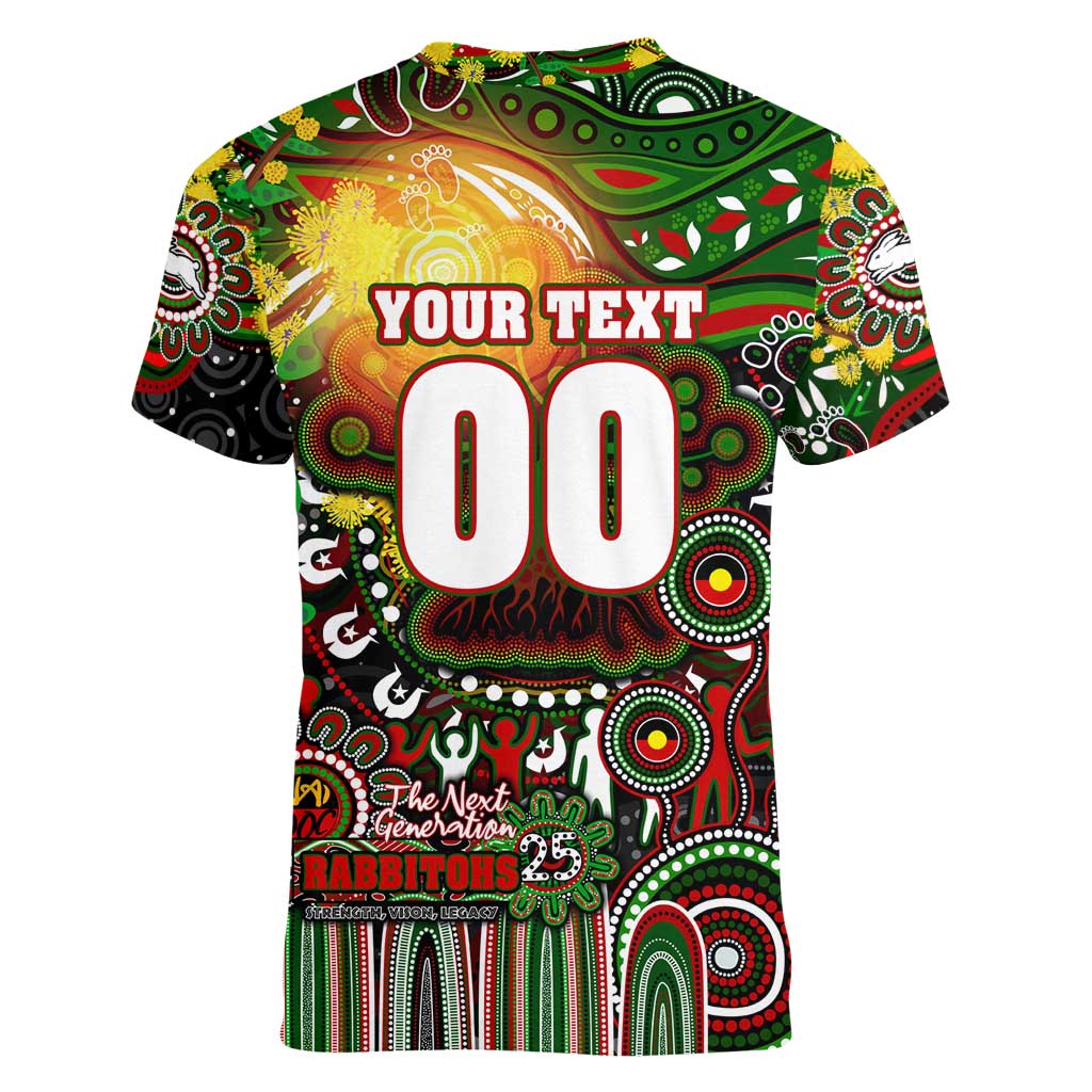 Personalised NAIDOC Week 2025 Rabbitohs Rugby Women V-Neck T-Shirt Aboriginal Dot Painting