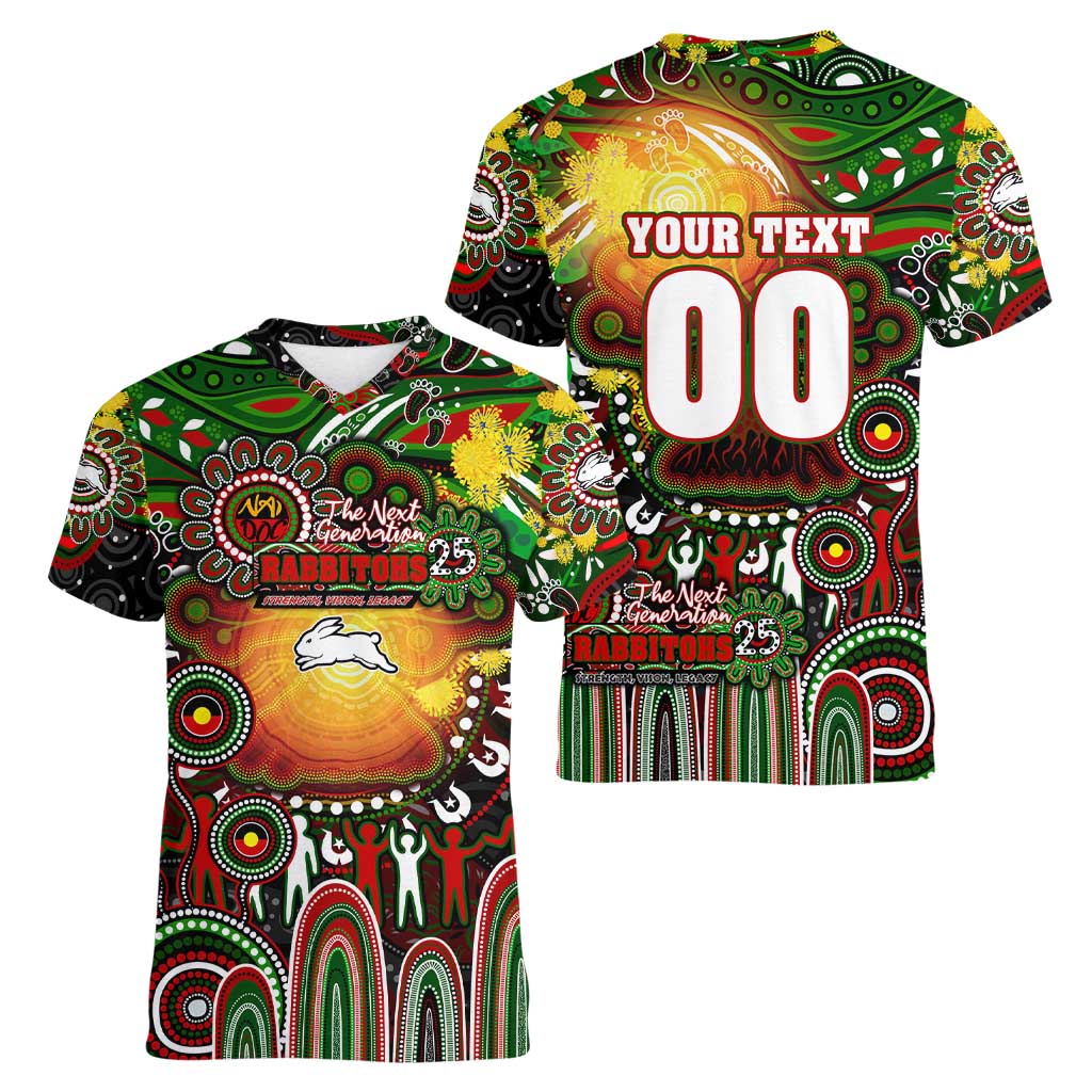 Personalised NAIDOC Week 2025 Rabbitohs Rugby Women V-Neck T-Shirt Aboriginal Dot Painting