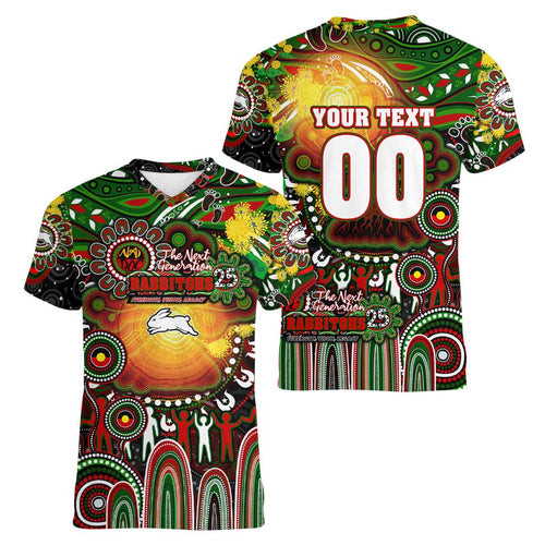 Personalised NAIDOC Week 2025 Rabbitohs Rugby Women V-Neck T-Shirt Aboriginal Dot Painting