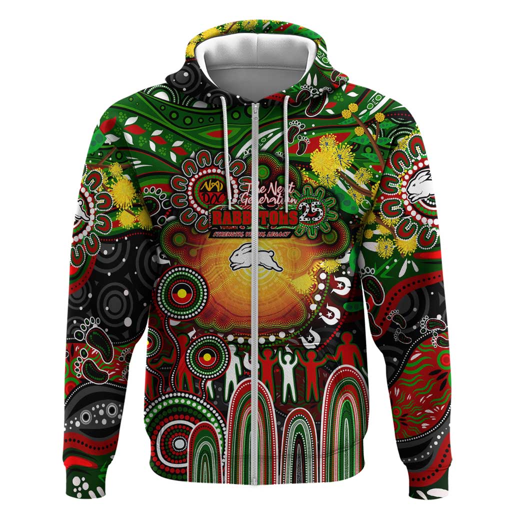 Personalised NAIDOC Week 2025 Rabbitohs Rugby Zip Hoodie Aboriginal Dot Painting