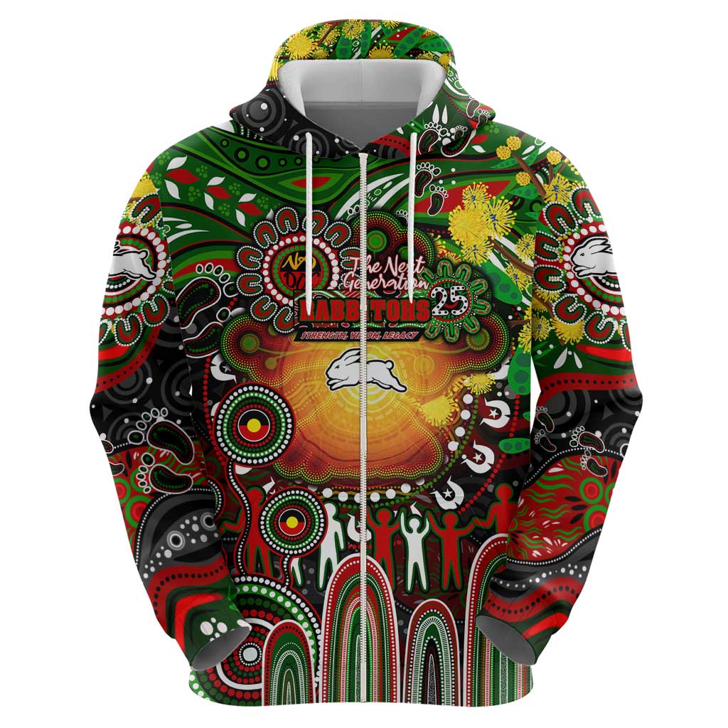 Personalised NAIDOC Week 2025 Rabbitohs Rugby Zip Hoodie Aboriginal Dot Painting