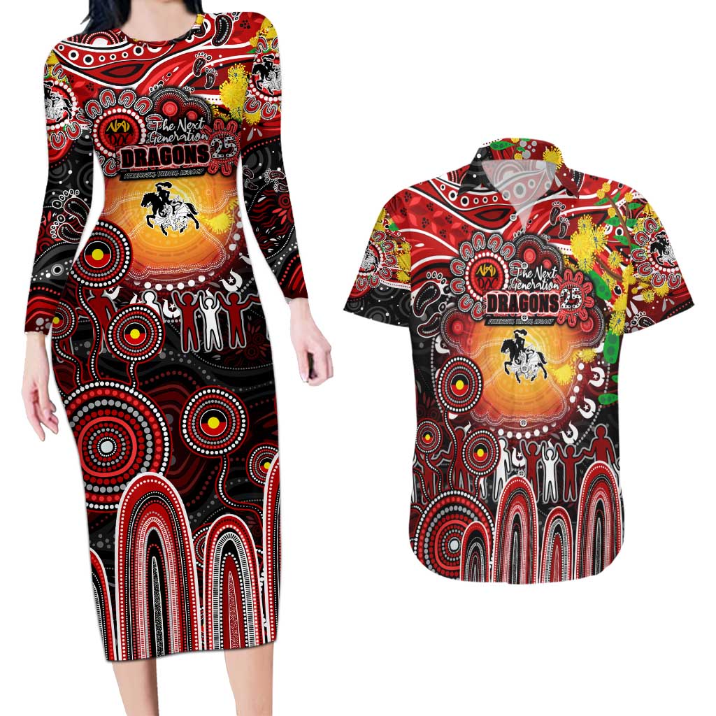 Personalised NAIDOC Week 2025 Dragons Rugby Couples Matching Long Sleeve Bodycon Dress and Hawaiian Shirt Aboriginal Dot Painting