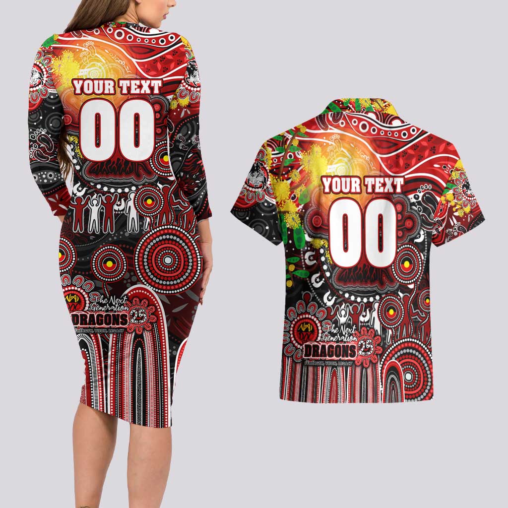 Personalised NAIDOC Week 2025 Dragons Rugby Couples Matching Long Sleeve Bodycon Dress and Hawaiian Shirt Aboriginal Dot Painting