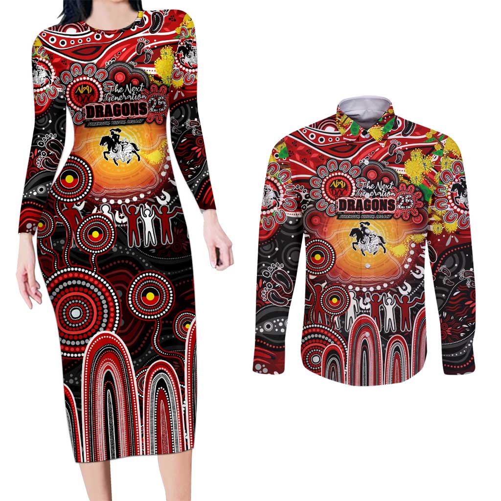 Personalised NAIDOC Week 2025 Dragons Rugby Couples Matching Long Sleeve Bodycon Dress and Long Sleeve Button Shirt Aboriginal Dot Painting