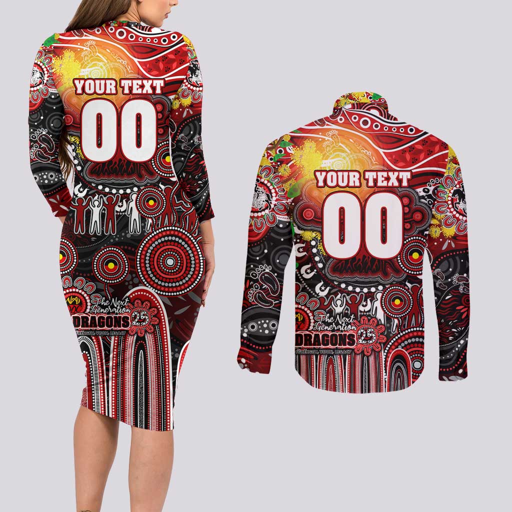 Personalised NAIDOC Week 2025 Dragons Rugby Couples Matching Long Sleeve Bodycon Dress and Long Sleeve Button Shirt Aboriginal Dot Painting