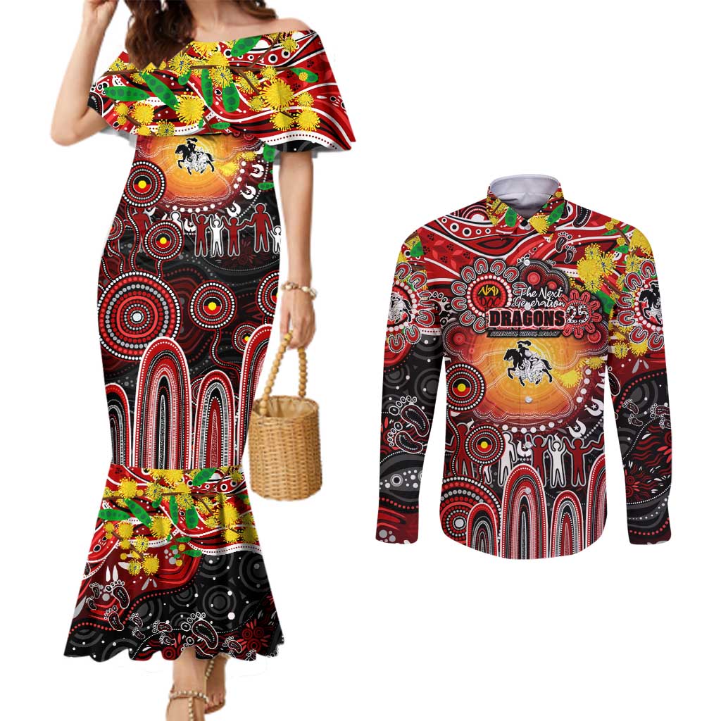 Personalised NAIDOC Week 2025 Dragons Rugby Couples Matching Mermaid Dress and Long Sleeve Button Shirt Aboriginal Dot Painting
