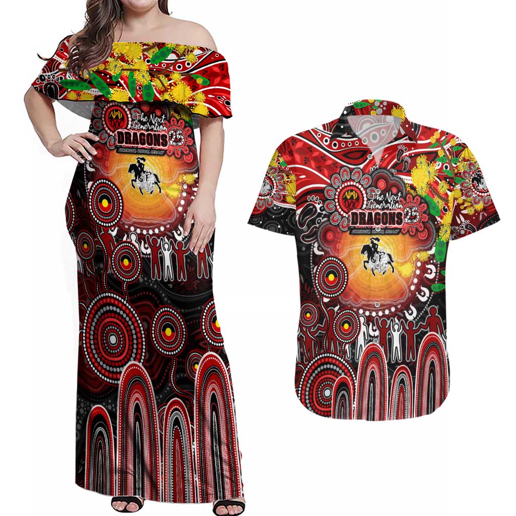 Personalised NAIDOC Week 2025 Dragons Rugby Couples Matching Off Shoulder Maxi Dress and Hawaiian Shirt Aboriginal Dot Painting