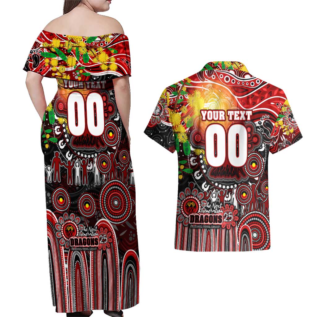 Personalised NAIDOC Week 2025 Dragons Rugby Couples Matching Off Shoulder Maxi Dress and Hawaiian Shirt Aboriginal Dot Painting