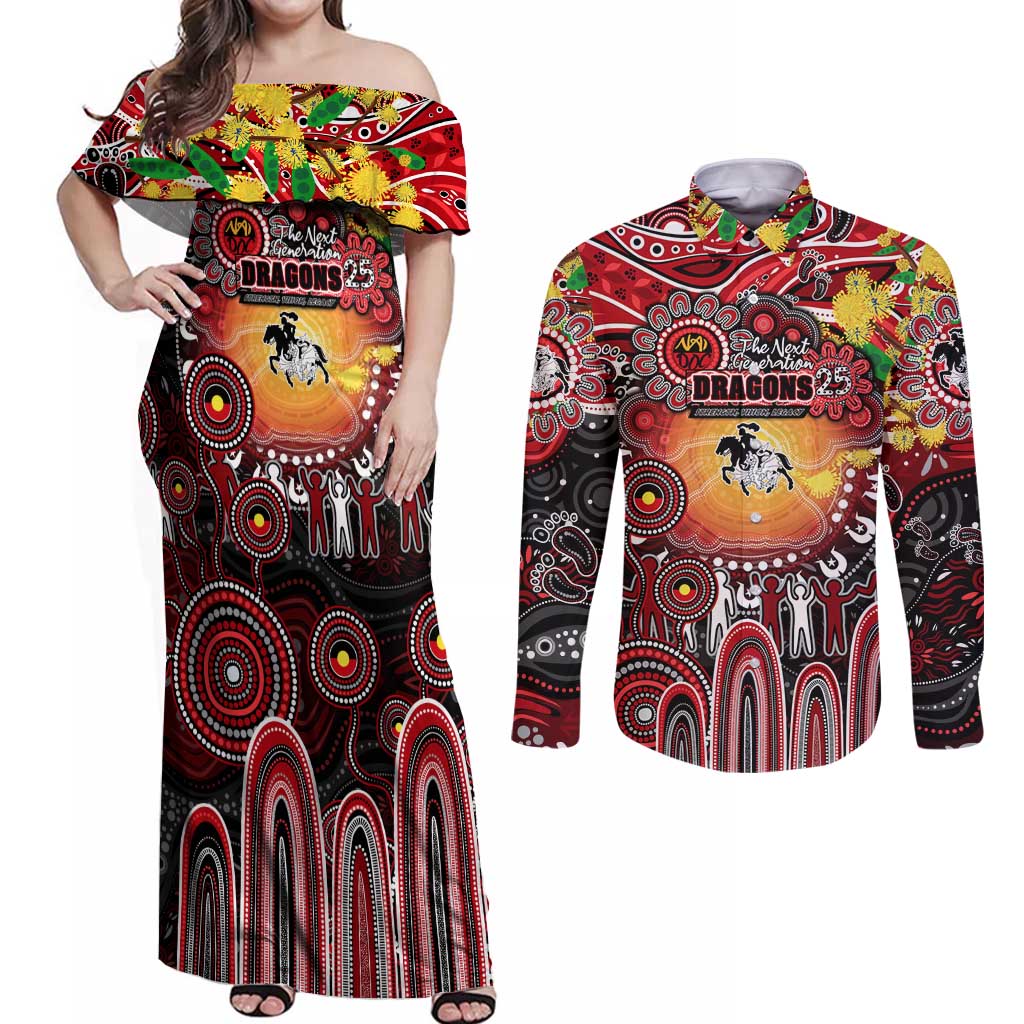 Personalised NAIDOC Week 2025 Dragons Rugby Couples Matching Off Shoulder Maxi Dress and Long Sleeve Button Shirt Aboriginal Dot Painting