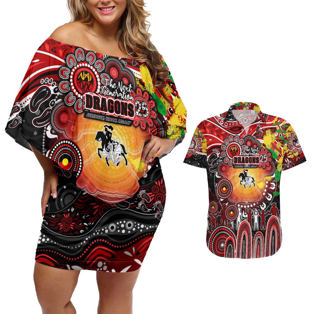 Personalised NAIDOC Week 2025 Dragons Rugby Couples Matching Off Shoulder Short Dress and Hawaiian Shirt Aboriginal Dot Painting