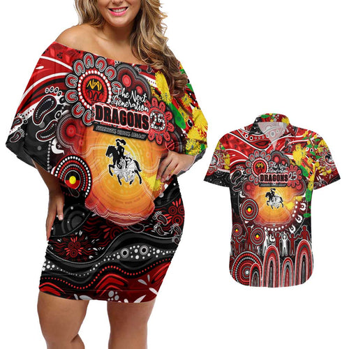 Personalised NAIDOC Week 2025 Dragons Rugby Couples Matching Off Shoulder Short Dress and Hawaiian Shirt Aboriginal Dot Painting