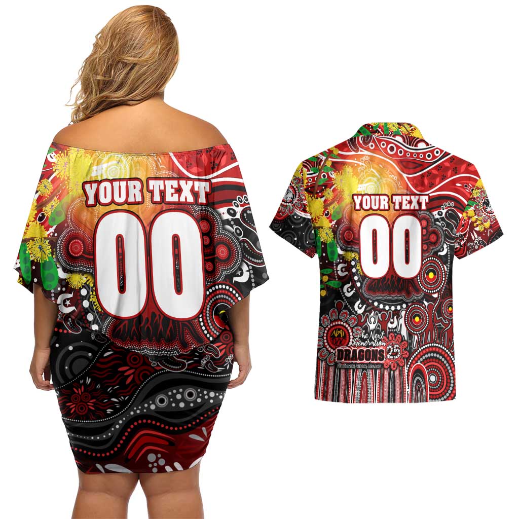 Personalised NAIDOC Week 2025 Dragons Rugby Couples Matching Off Shoulder Short Dress and Hawaiian Shirt Aboriginal Dot Painting