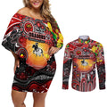 Personalised NAIDOC Week 2025 Dragons Rugby Couples Matching Off Shoulder Short Dress and Long Sleeve Button Shirt Aboriginal Dot Painting