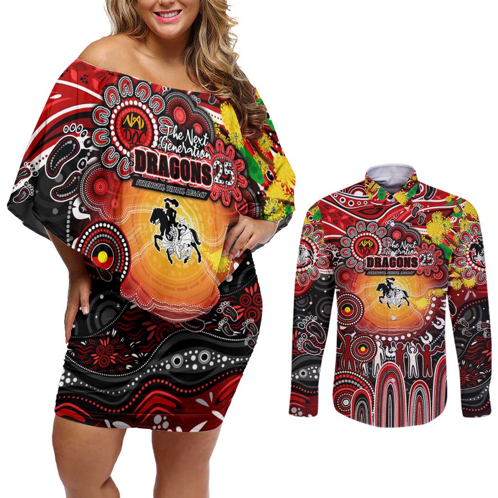 Personalised NAIDOC Week 2025 Dragons Rugby Couples Matching Off Shoulder Short Dress and Long Sleeve Button Shirt Aboriginal Dot Painting