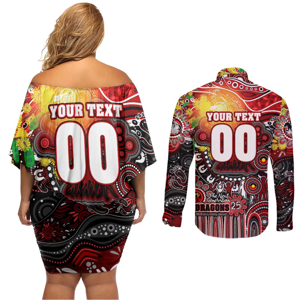 Personalised NAIDOC Week 2025 Dragons Rugby Couples Matching Off Shoulder Short Dress and Long Sleeve Button Shirt Aboriginal Dot Painting