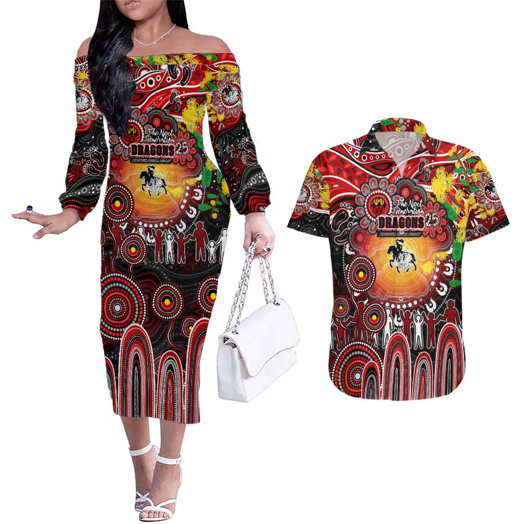Personalised NAIDOC Week 2025 Dragons Rugby Couples Matching Off The Shoulder Long Sleeve Dress and Hawaiian Shirt Aboriginal Dot Painting